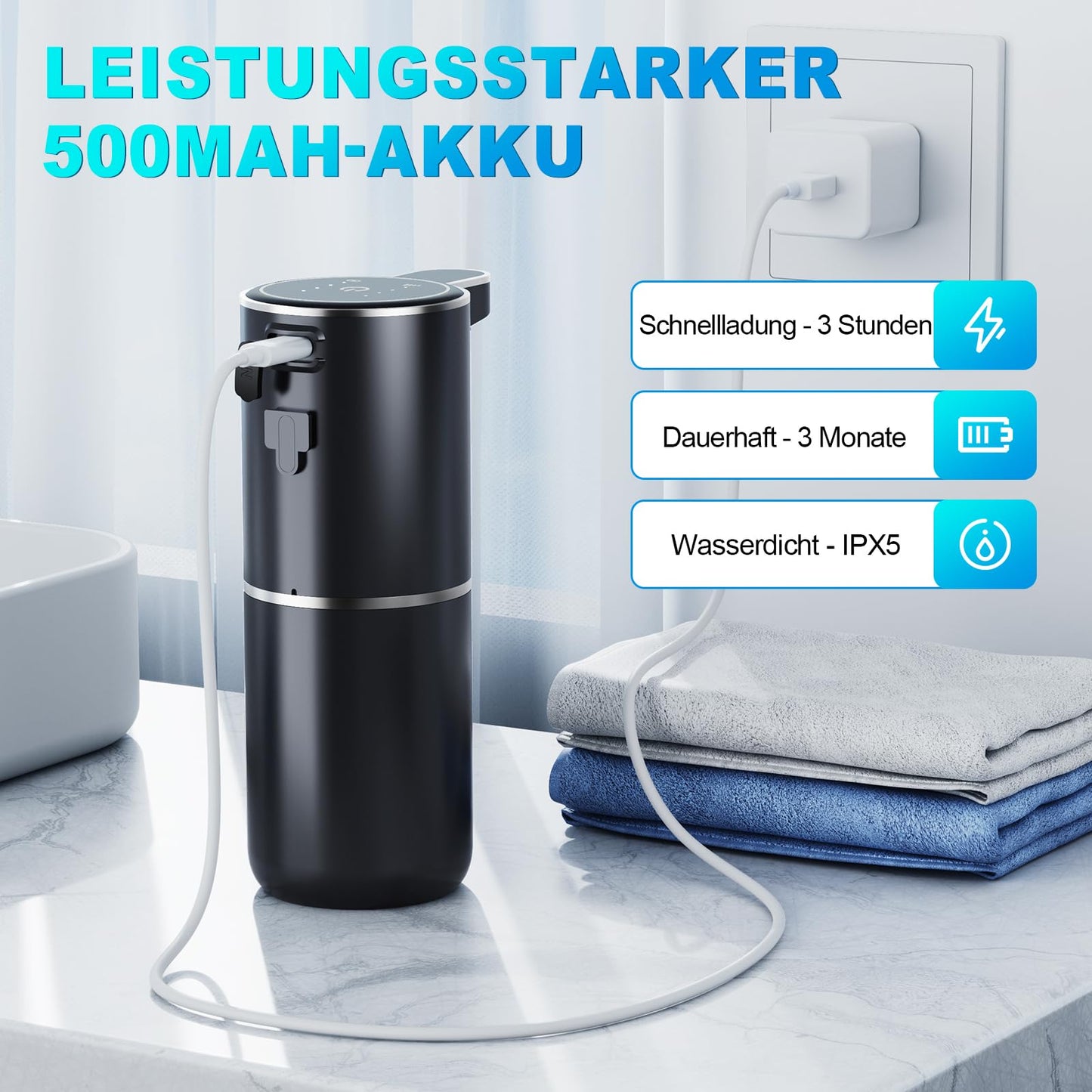 Amyzavls automatic soap dispenser, 380ml wall-mounted touchless electric soap dispenser with sensor, USB rechargeable foam soap dispenser for bathroom, kitchen, office in black.