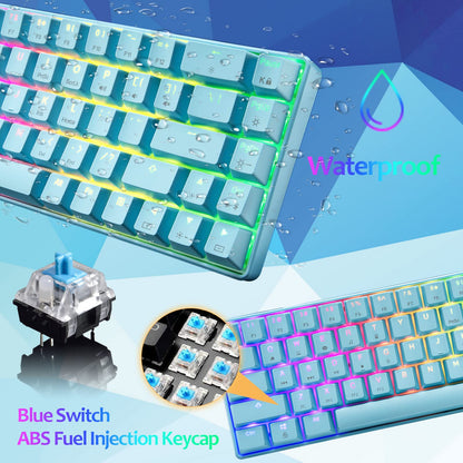 60% mechanical gaming keyboard, blue switch, mini-68 keys, wired, Type C, 18 backlight effects + lightweight optical RGB mouse with 6400 dpi, honeycomb mouse + large mousepad - Blue