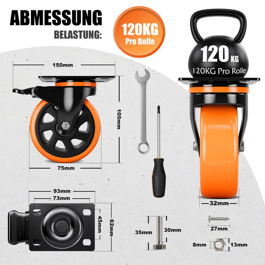 4 heavy-duty casters 75mm with brakes including mounting accessories swivel casters 360° rotation up to 480KG capacity for furniture transport & industrial transport