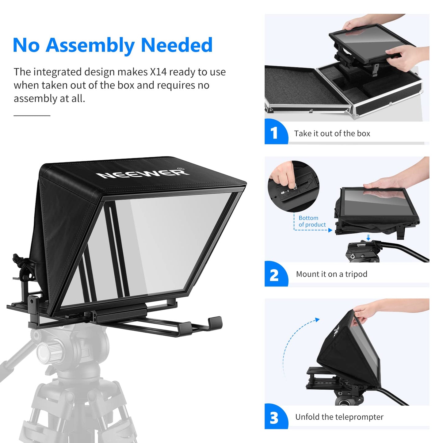 NEEWER Teleprompter X14 with RT 110 remote control and APP control (Bluetooth connection via NEEWER Teleprompter App), portable, no assembly required, compatible with iPad, Android, tablet, smartphone, DSLR camera.