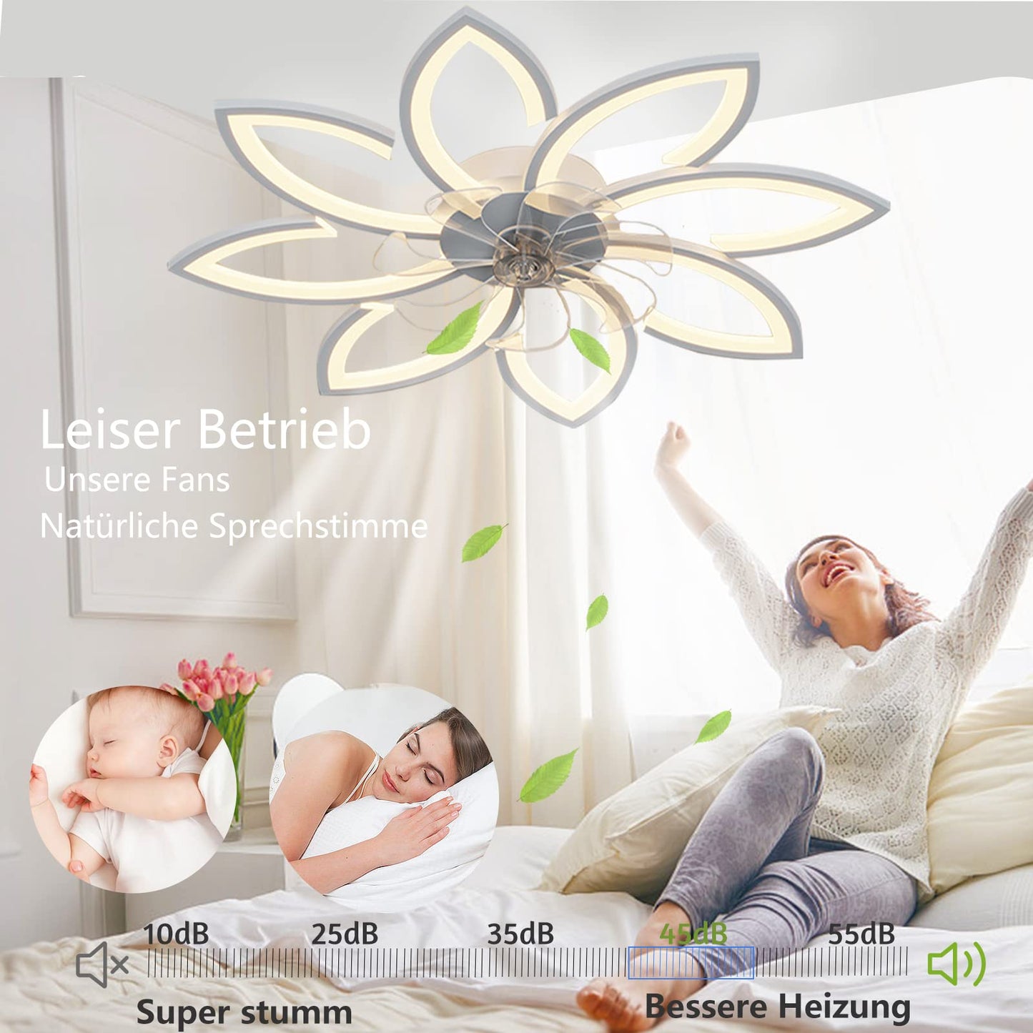 Wildcat Ceiling Fan with Light Quiet Modern LED with Remote Control Timer Flower Design Fan Ceiling Light for Bedroom Kitchen