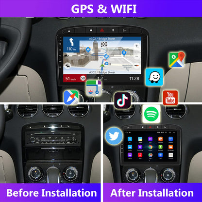Podofo Android car radio GPS for Peugeot 308 408 2007-2015, 9" touchscreen, WiFi, Bluetooth, FM RDS radio, mirror link, USB, car navigation, video stereo player for Peugeot 308 + rear camera