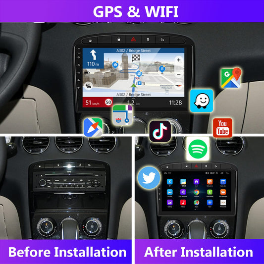 Podofo Android car radio GPS for Peugeot 308 408 2007-2015, 9" touchscreen, WiFi, Bluetooth, FM RDS radio, mirror link, USB, car navigation, video stereo player for Peugeot 308 + rear camera