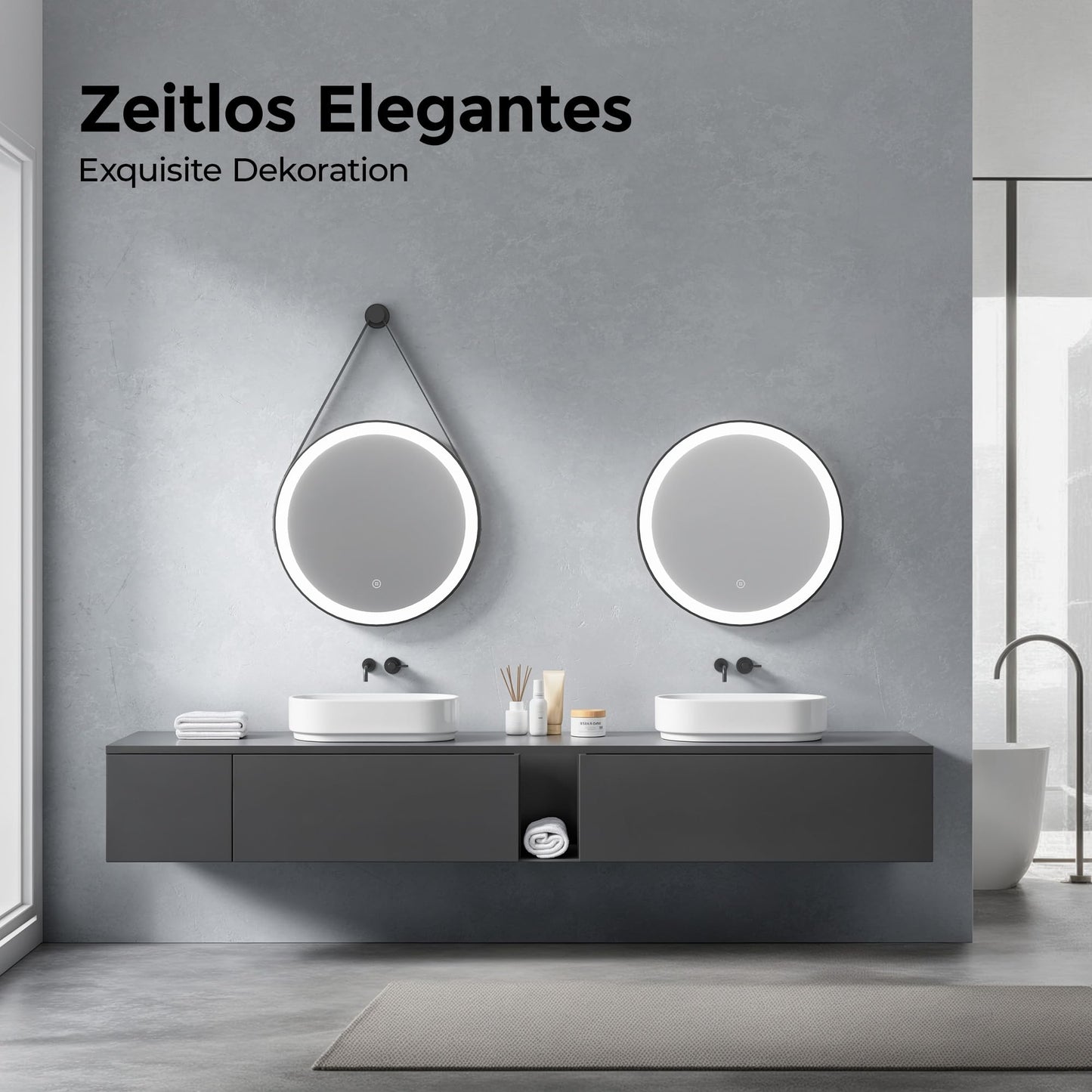 Illuminated bathroom mirror from Heilmetz, 50cm in diameter. LED light with 6500K cool white color, dimmable with touch switch. Round mirror with black frame and removable strap.