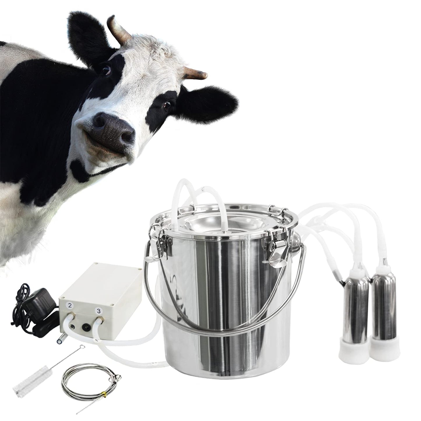 Automatic pulsating vacuum pump for milking 3.7L, portable electric milking machine for cows, goats, sheep, milking set for cattle, made of stainless steel, with vacuum milk bucket 7L for cows.