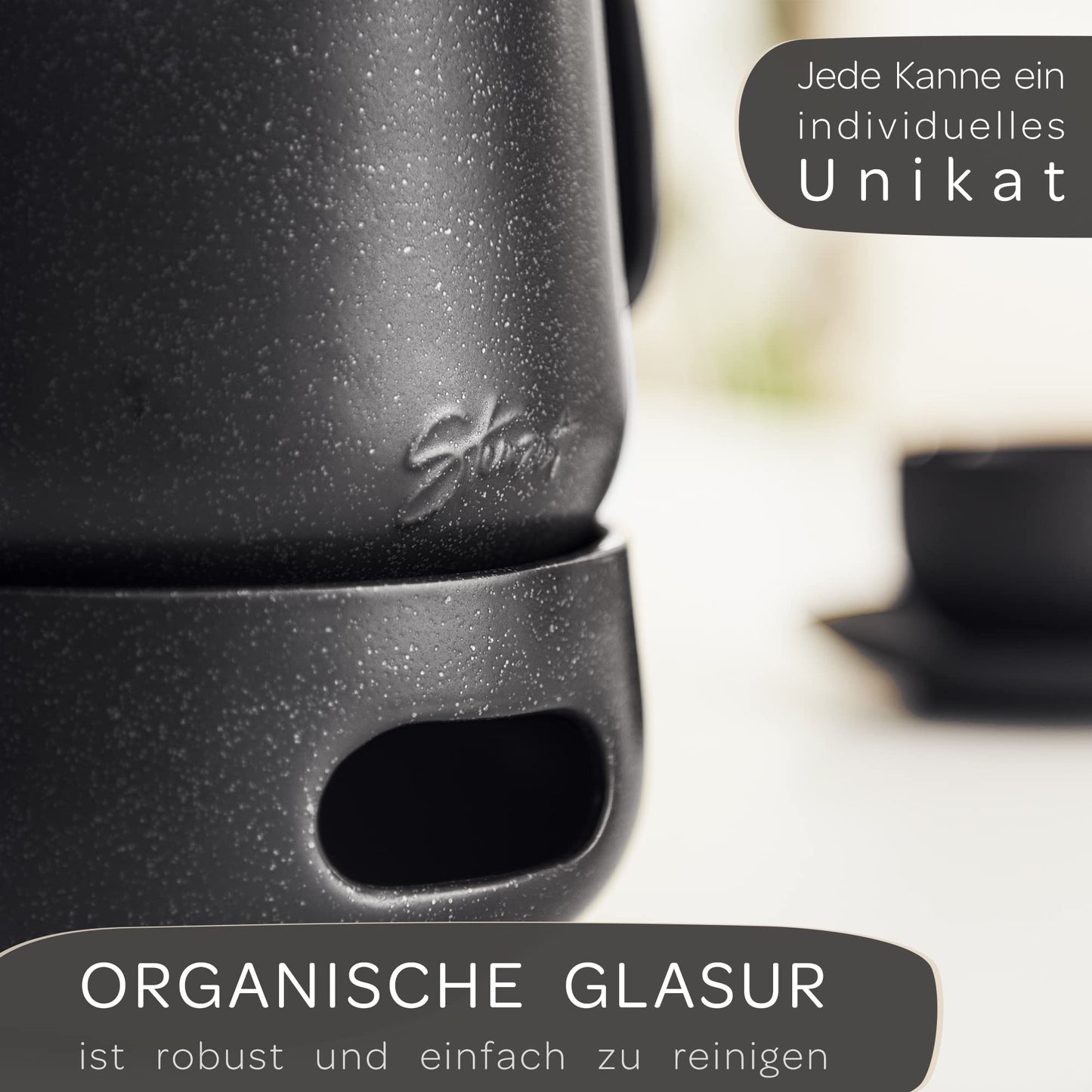 STONE AGE design teapot with warmer (1.3L) - with stainless 304 steel infuser - ceramic with unique glaze with removable infuser, black