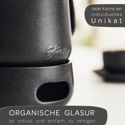 STONE AGE design teapot with warmer (1.3L) - with stainless 304 steel infuser - ceramic with unique glaze with removable infuser, black