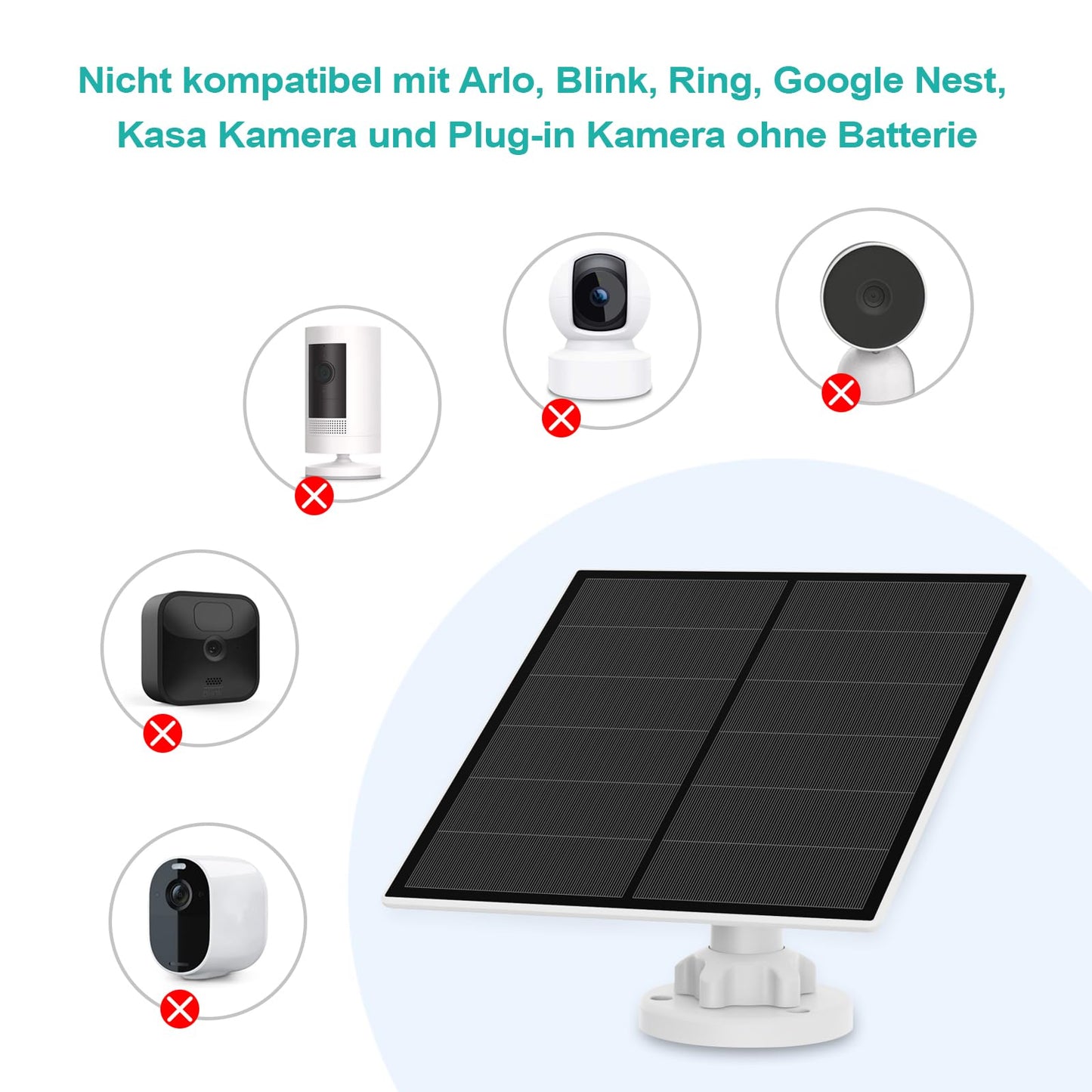 5W solar panel for surveillance camera, camera solar module for DC 5V outdoor battery camera, with micro-USB connection, USB-C adapter, adjustable bracket, 9.8ft cable, 1 pack.