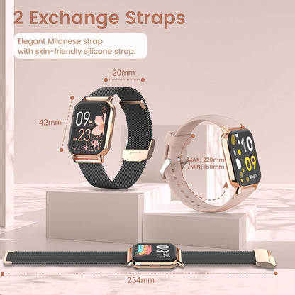 SWGOTA Smartwatch for Women with Phone Function, 1.85" HD Smart Bracelet Heart Rate Sleep Monitor Menstrual Cycle SpO2 Fitness Tracker IP68 Waterproof Pedometer for iOS Android Black Gold
