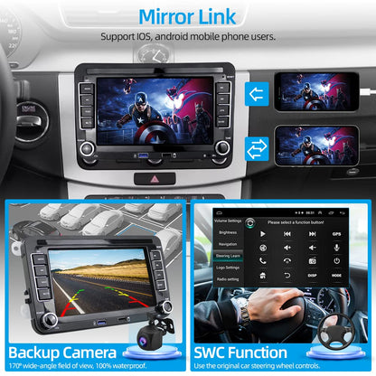 Podofo car radio for VW Golf 5 6 Polo Seat Skoda Passat B6 radio with wireless Apple CarPlay Android Auto Android 7 inch car radio with screen Bluetooth/HiFi/WLAN/GPS/RDS radio + backup camera.
