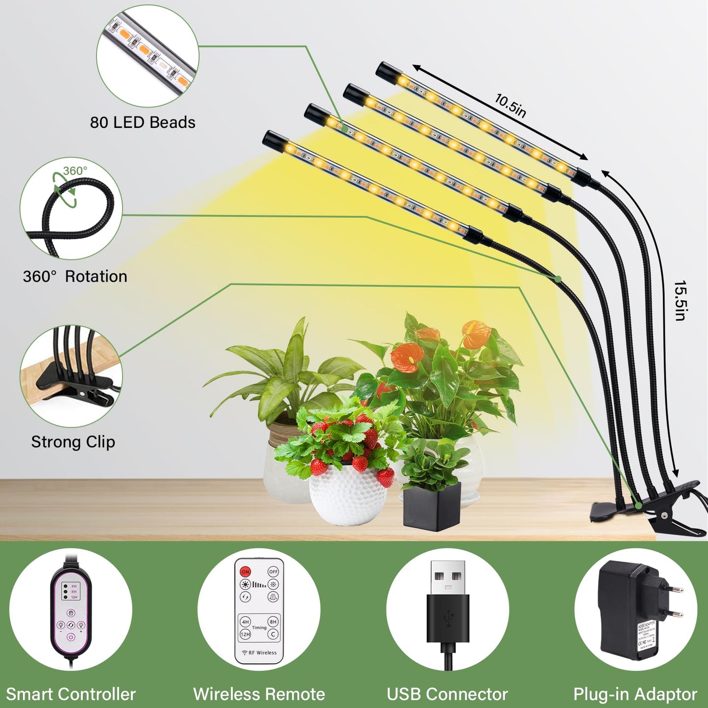 BOTIQUE Plant Light Full Spectrum LED Plant Lamp 80 LEDs LED Grow Lamp 6500K/3000K/660NM Growing Light for Timer, Remote Control, 3 Modes, 10 Levels of Brightness for Gardening