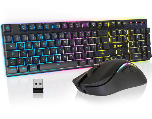 KLIM Thunder Wireless Gaming Keyboard and Mouse Combo - New 2023 - Wireless backlit keyboard with durable built-in battery + 4800 DPI RGB wireless gaming mouse for PC.