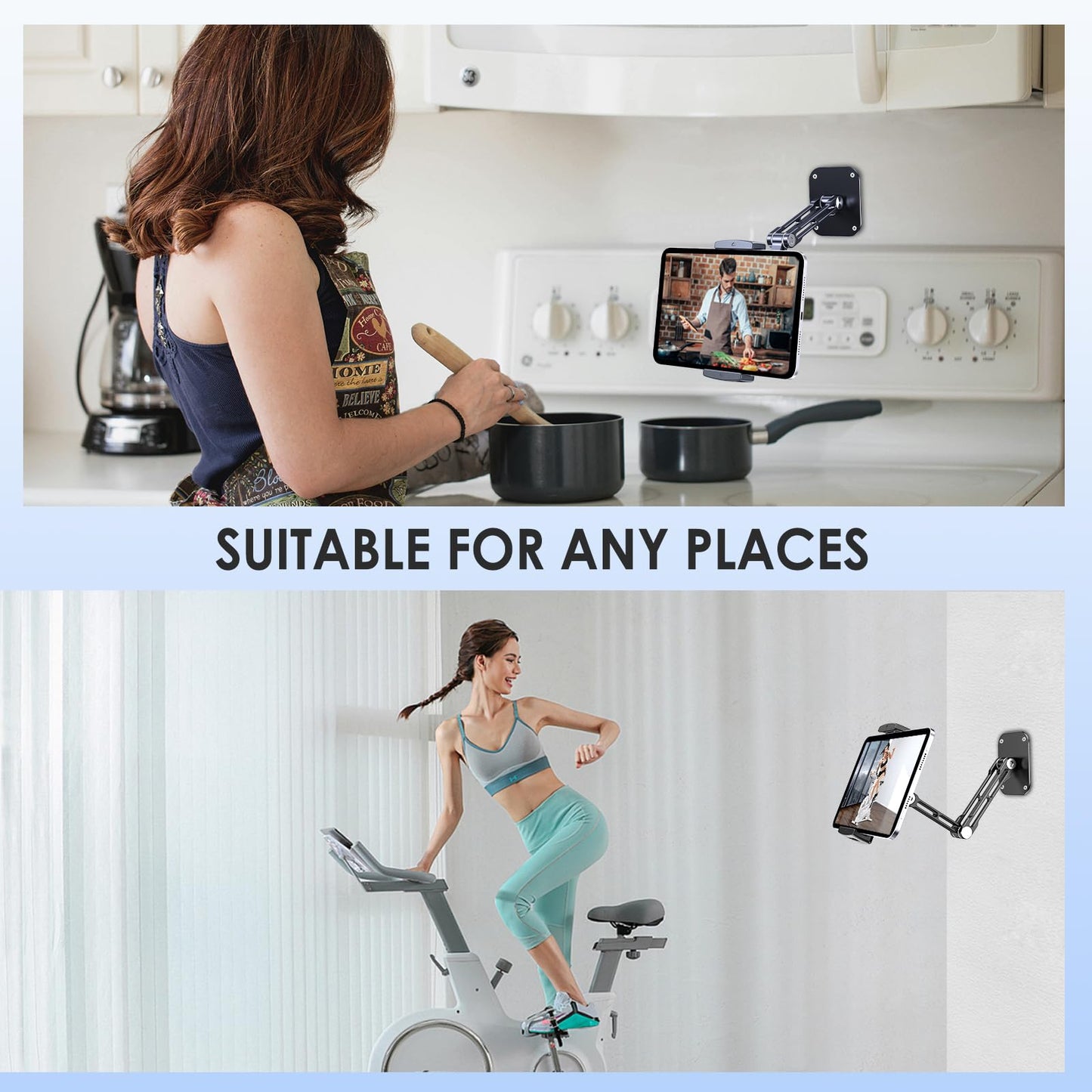 Lucrave Tablet Wall Mount, Aluminum retractable iPad Wall Mount, with 360° rotatable base adjustable and foldable for iPad Pro Air Mini, Samsung Galaxy Tab, all 4.7-13" phones and tablets
