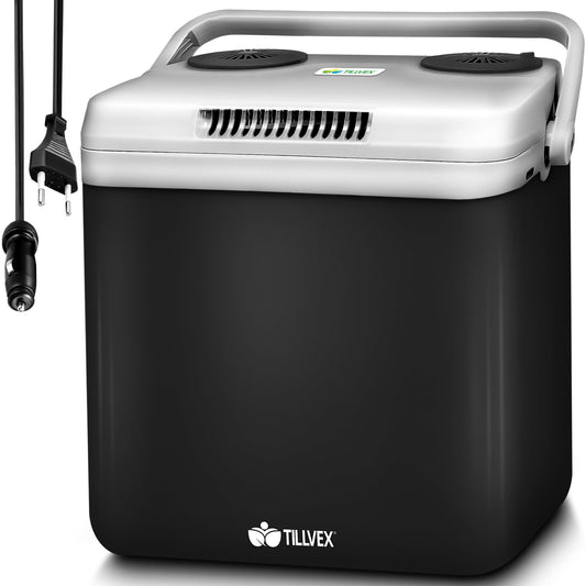 tillvex Electric Cooler 32L | Mini Fridge 230V and 12V for Car Camping | cools & heats | ECO mode (Charcoal)