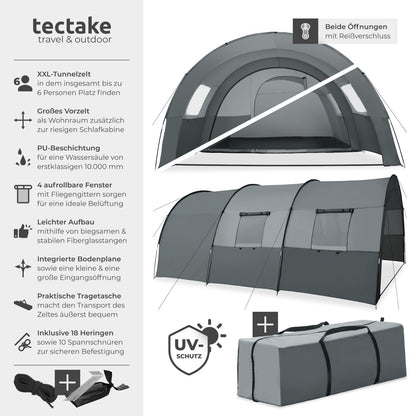 TECTAKE® tunnel tent, 6 people, family tent, large tent with awning and floor mat, UV protection, camping tent including carrying bag, 350 x 480 x 195 cm - dark gray/light gray.