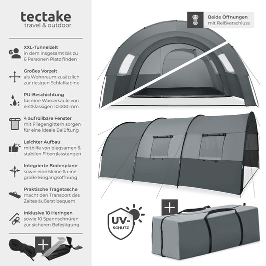 TECTAKE® tunnel tent, 6 people, family tent, large tent with awning and floor mat, UV protection, camping tent including carrying bag, 350 x 480 x 195 cm - dark gray/light gray.