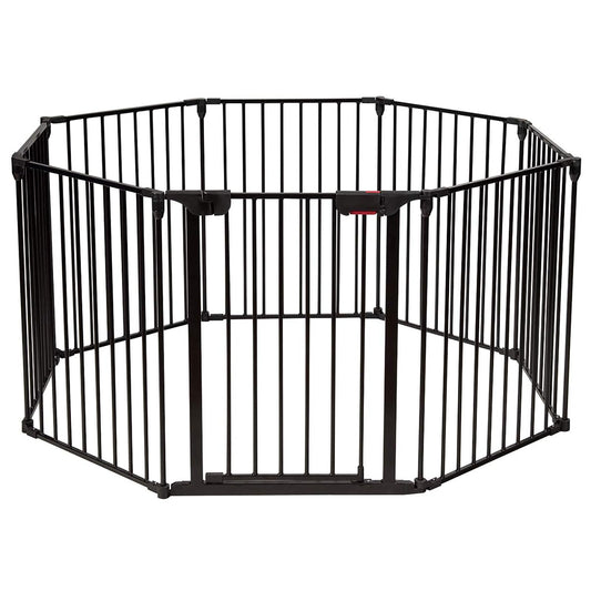 COSTWAY Baby Fireplace Safety Gate foldable, incl. 8 panels, 480 x 74 cm, playpen with safety door, fire guard with wall mounting, metal configuration gate, barrier gate (Black)