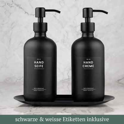 MONOKO 2-Piece Set Soap Dispenser Matte Black Glass with Tray | 500ml Kitchen Dish Soap Dispenser | Refillable Bottles | Stainless Steel Pump Head | Pump Bottle + Sticker