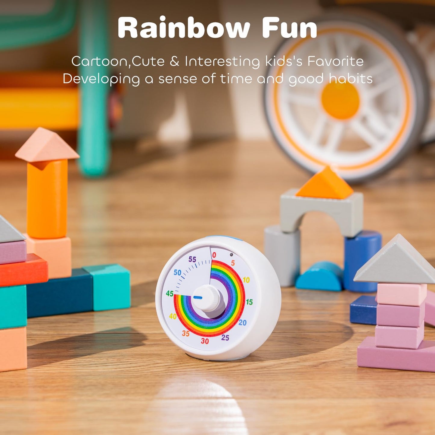 Visual timer for kids, 60-minute countdown for classroom office kitchen, desktop children time management tools with quiet operation, Pomodoro timer rainbow pattern (white)