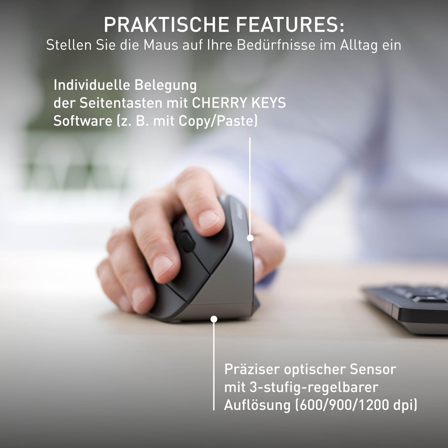 CHERRY MW 4500, ergonomic vertical mouse for right-handers, wireless (2.4 GHz), 3-level adjustable resolution up to 1200 dpi, battery-operated, black.