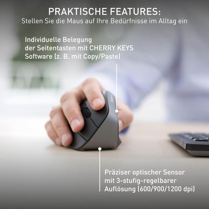 CHERRY MW 4500, ergonomic vertical mouse for right-handers, wireless (2.4 GHz), 3-level adjustable resolution up to 1200 dpi, battery-operated, black.