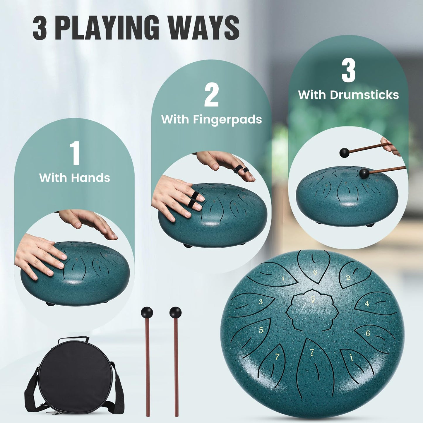 Asmuse 10" 11 Tone C Major Steel Tongue Drum, Handpan Drum for Meditation, Entertainment, Concerts, Yoga, with Carry Bag.