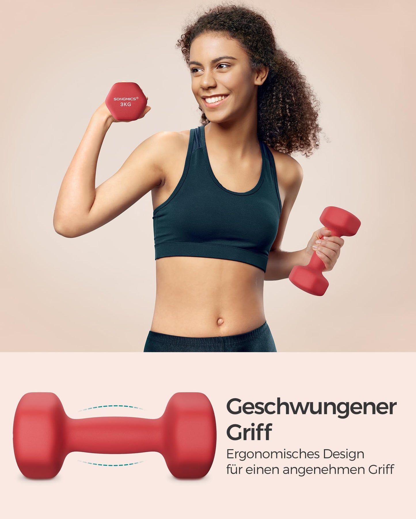 SONGMICS dumbbell set, 2 x 3 kg, with matte neoprene coating, non-slip, strength training, at home, red SYL66RD