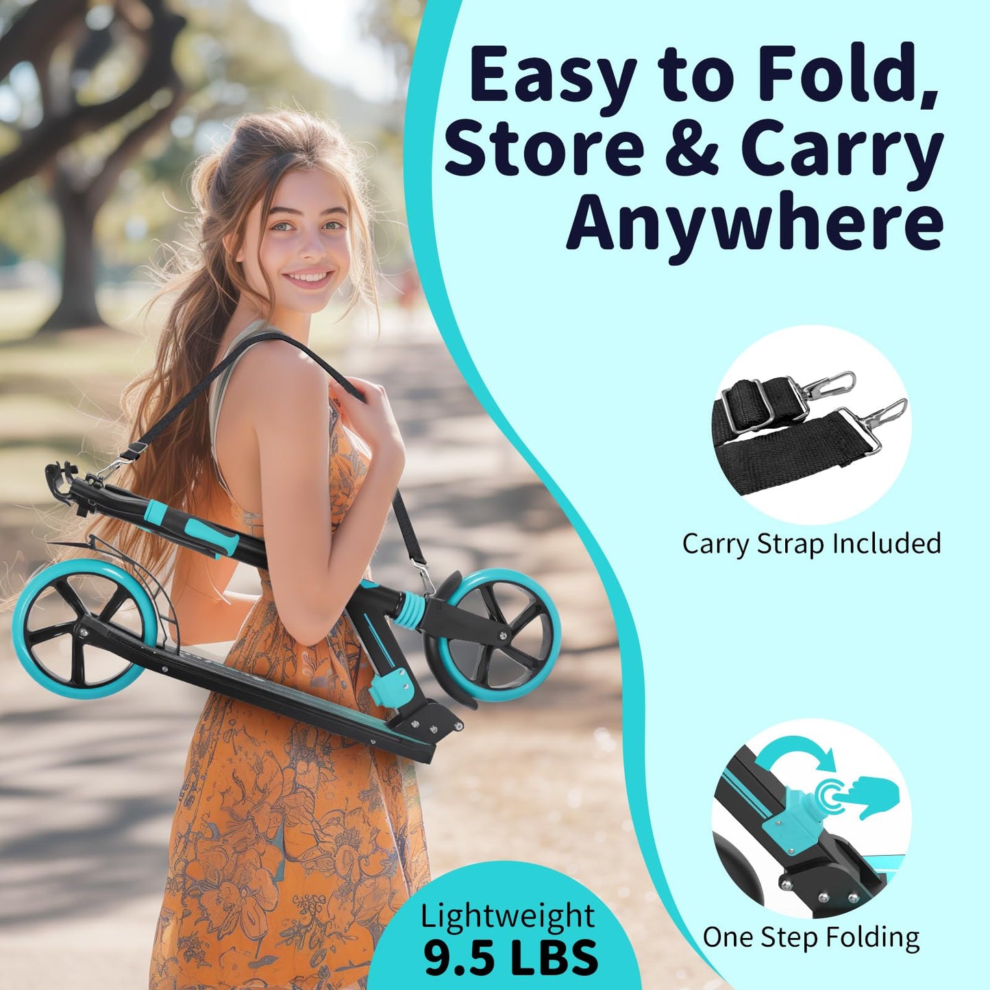 BELLEEV Big Wheel Scooter with LED Light-Up Handlebar, Deck, Adjustable Height, ABEC-9 bearings, 200mm wheels, Suspension, Carry Strap, Foldable Kick Scooter for Kids 6+, Teens, Adults.