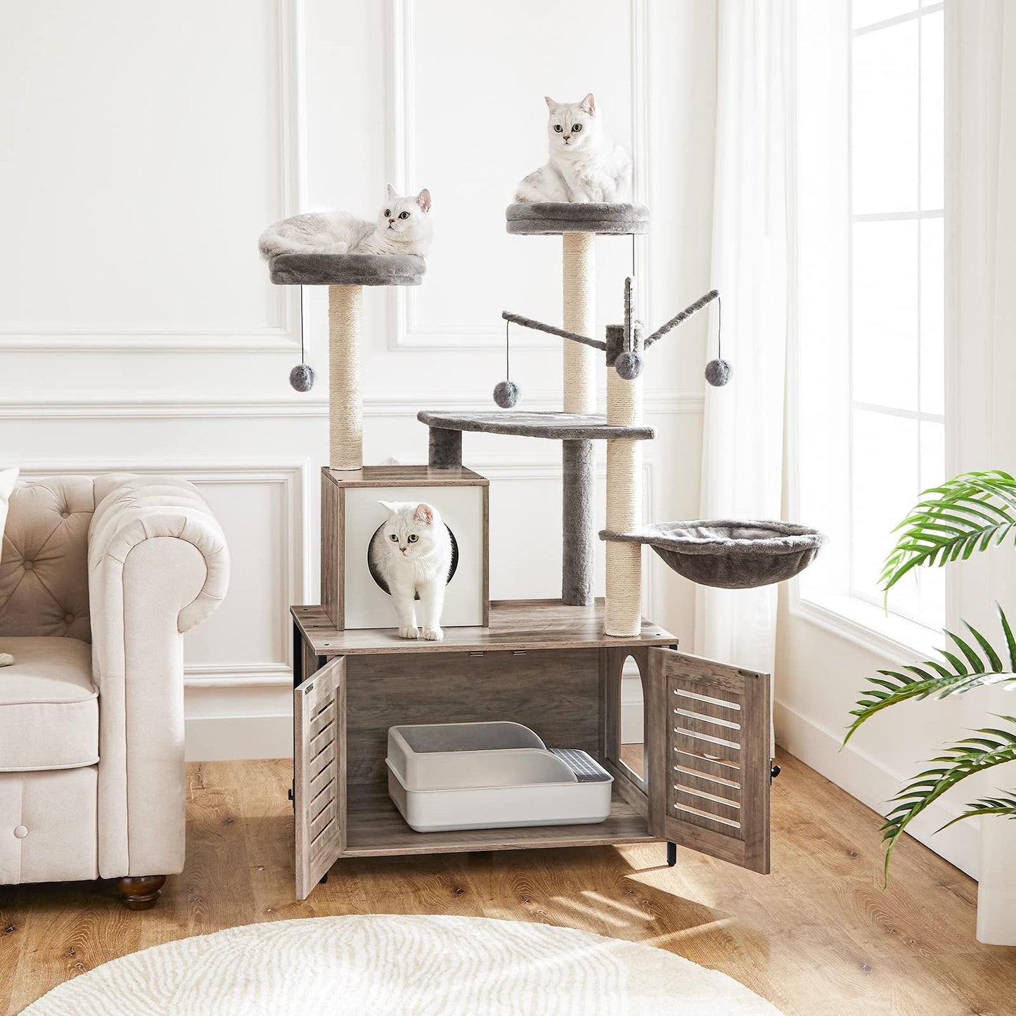 HOOBRO Cat Tree with litter box cabinet, cat tree tower, All-in-One cat furniture for indoors, hidden cat toilet furniture, 132 cm, detachable plush ball rods, Greige EBG14MZ03