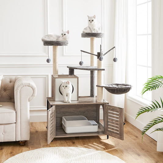 HOOBRO Cat Tree with litter box cabinet, cat tree tower, All-in-One cat furniture for indoors, hidden cat toilet furniture, 132 cm, detachable plush ball rods, Greige EBG14MZ03