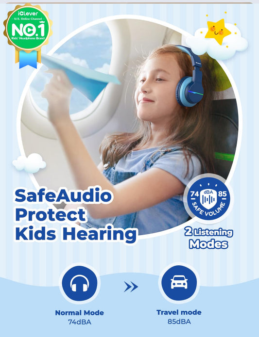 iClever Bluetooth Kids Headphones, Colorful LED Lights, Over-Ear Kids Headphones with 74/85dBA Volume Limitation, 85 Hours Playtime, Bluetooth 5.2, Built-in Microphone BTH12