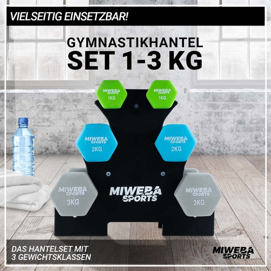 Miweba Sports Neoprene/Vinyl Dumbbell Set/Dumbbell Rack | Profi Dumbbell - Hex Dumbbell Sets 1.0-3.0 Kg - Short Dumbbells - Dumbbell Set - Gym Dumbbells - Dumbbell Set - Dumbbell Stand