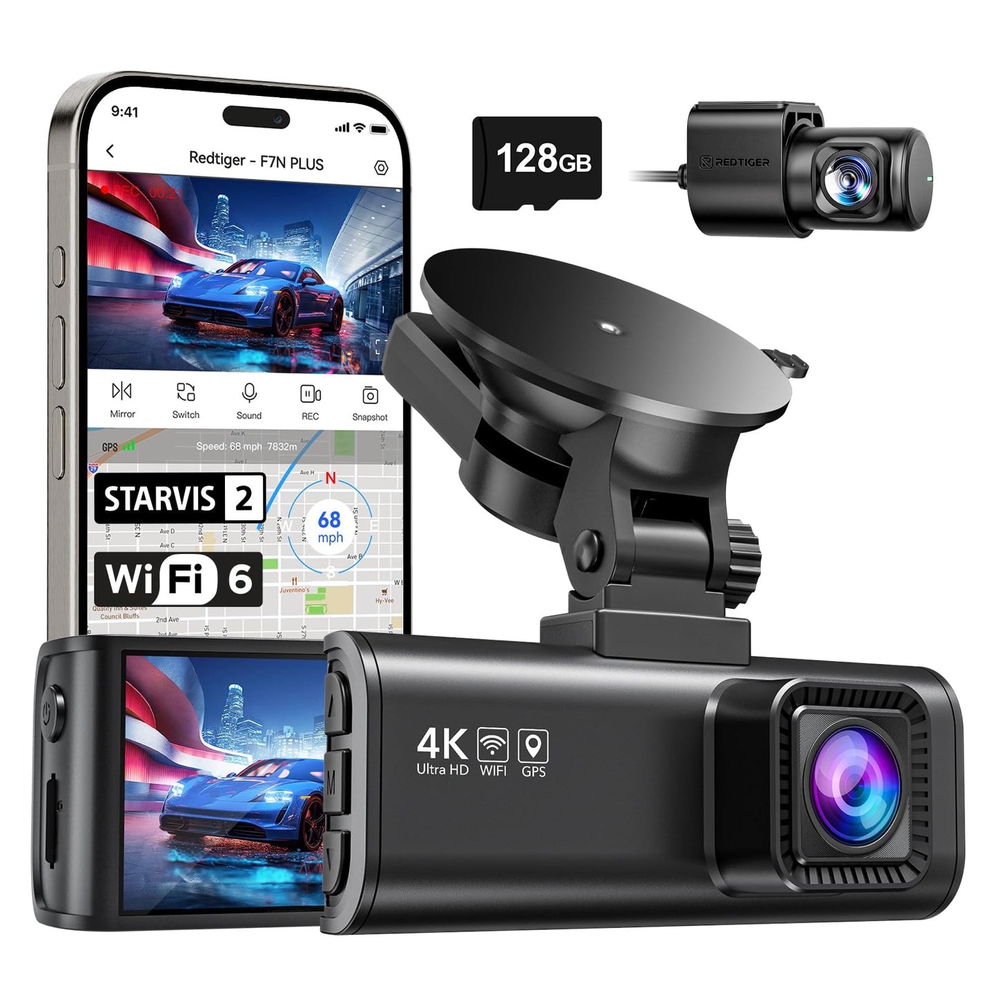 REDTIGER Dashcam for Car Front and Rear 4K/2.5K with STARVIS 2, Car Dash Cam Camera 3.18" IPS Screen, Free 128GB Card, 5.8GHz WiFi, GPS, 170° Wide Angle WDR, Supports up to 256GB Max (F7NP)