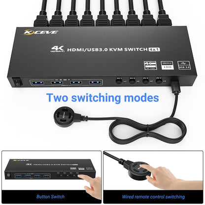 USB3.0 KVM Switch HDMI 4 Ports 4K@60Hz Simulation EDID, ESKEVE HDMI2.0 KVM Switch 4 PC 1 Monitor 2K@120Hz for sharing 4 PCs and 1 monitor, with Wired Remote and HDMI+USB3.0 Cables