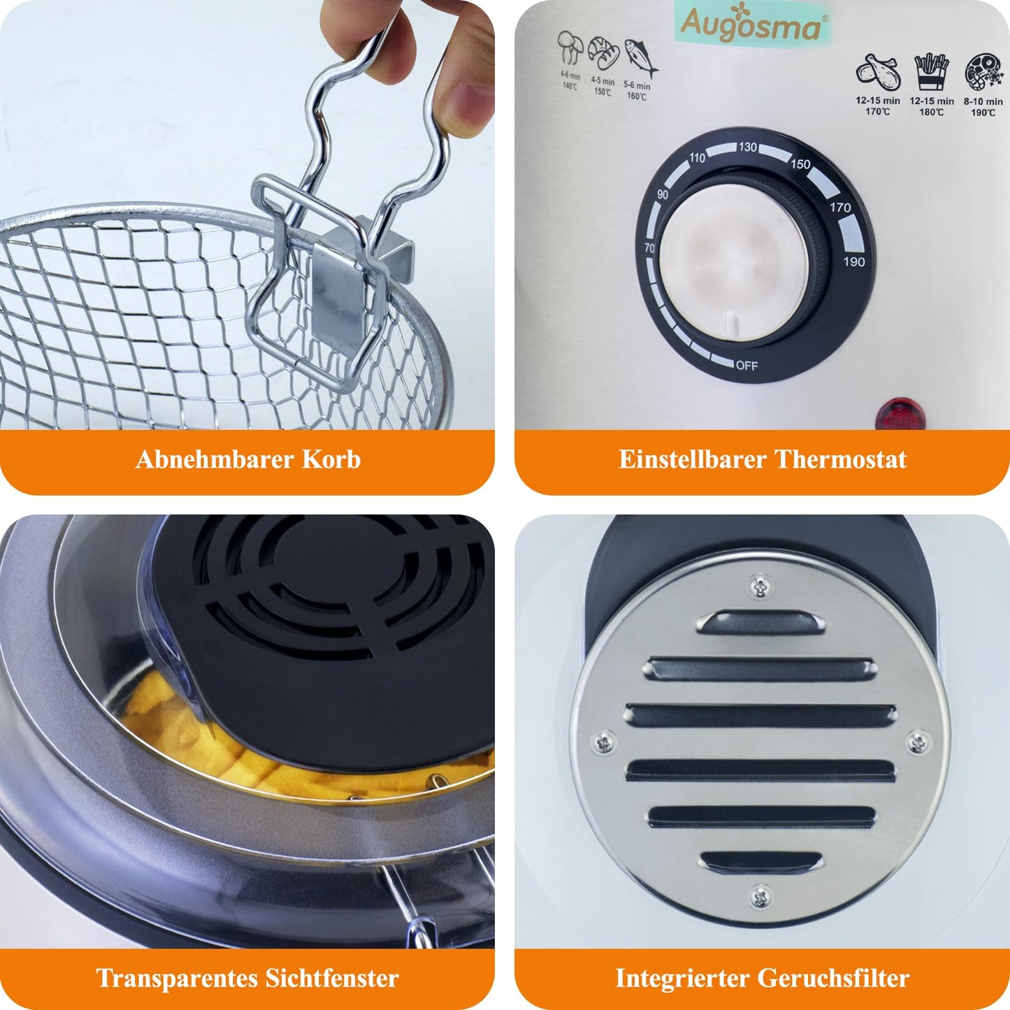 Augosma Mini Deep Fryer With Oil | 850-950W | Capacity: 1 liter | Viewing window | Stainless steel frying basket | Adjustable temperature | Heat insulated | Non-slip rubber feet | White