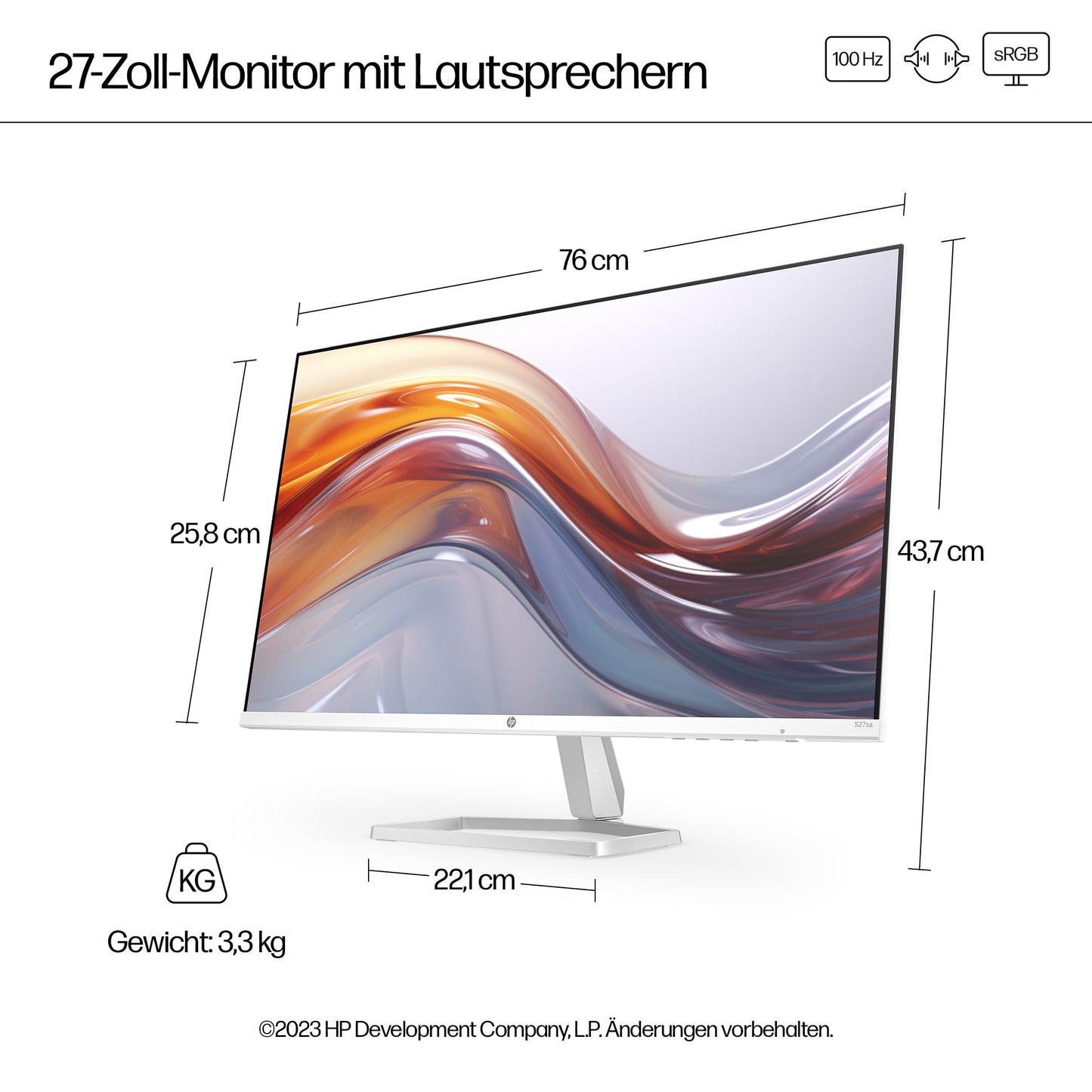 HP Series 5 527sa FHD IPS monitor with speakers | 27" | 100Hz | 1500:1 contrast | 99% sRGB | Dual HDMI 1.4 | VGA | audio input/output | anti-glare | adjustable | sustainable | white