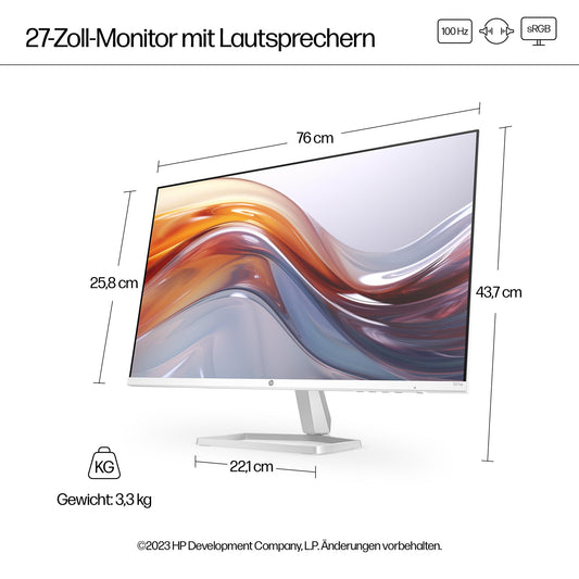 HP Series 5 527sa FHD IPS monitor with speakers | 27" | 100Hz | 1500:1 contrast | 99% sRGB | Dual HDMI 1.4 | VGA | audio input/output | anti-glare | adjustable | sustainable | white