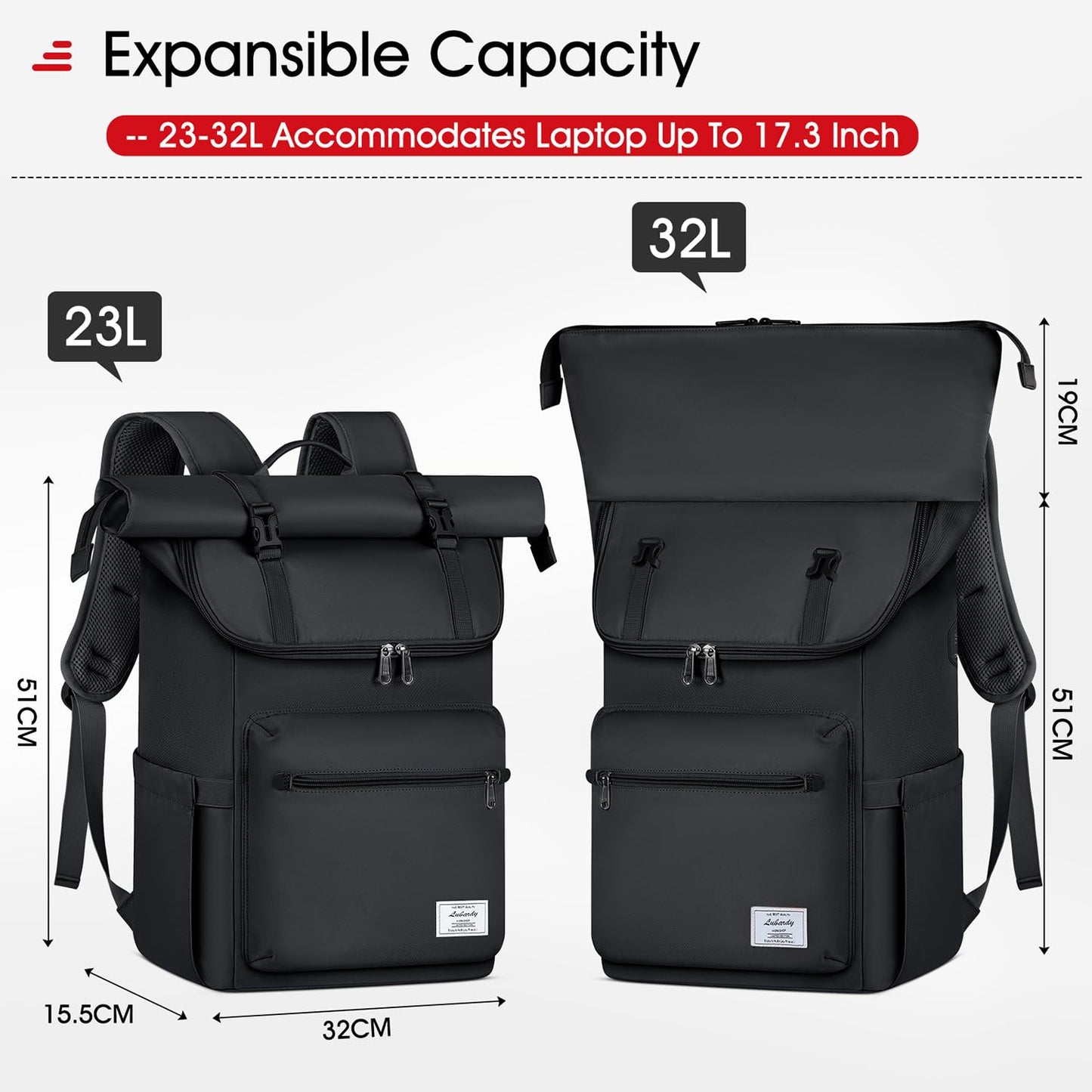Lubardy Rolltop Backpack Men Women Waterproof Laptop Backpack 17.3 Inch School Backpack Daypacks for College Work Travel Leisure