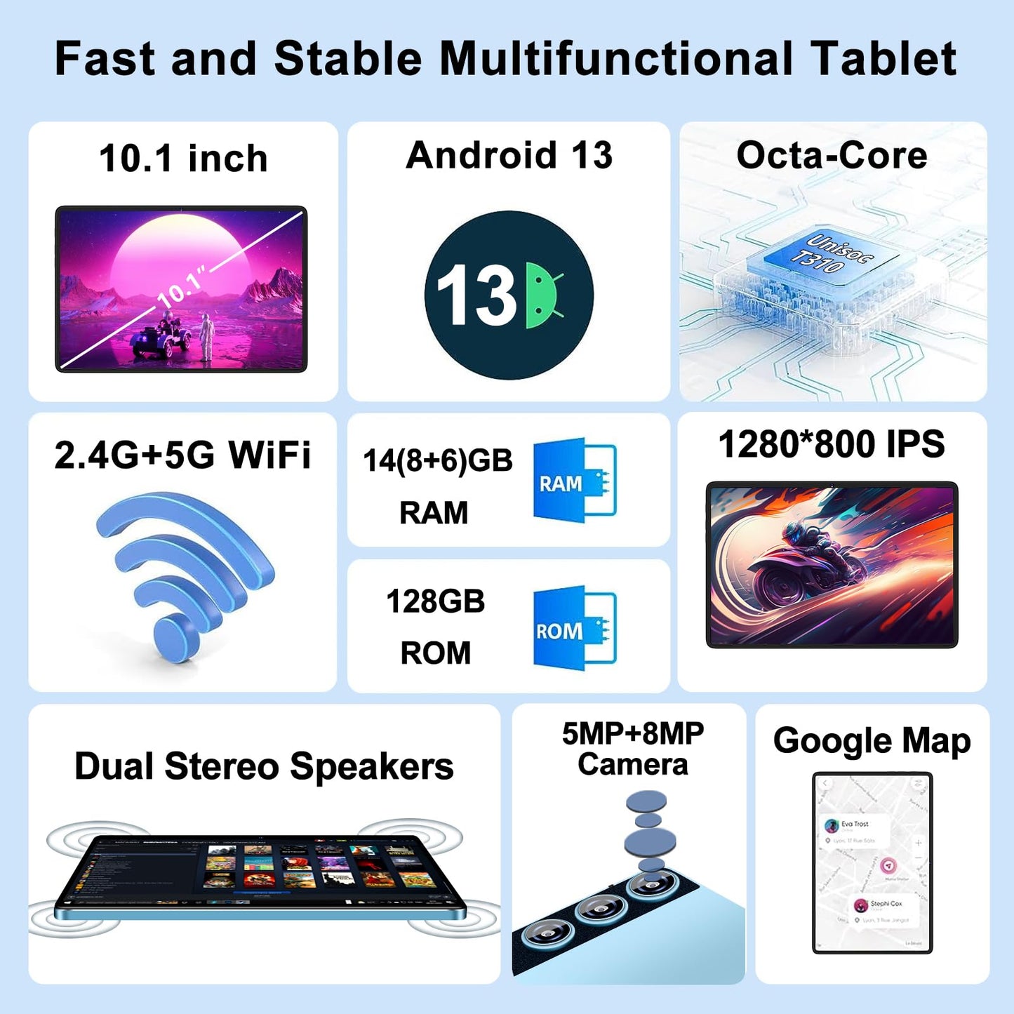 ZIOVO 10-inch Android 14 Tablet PC with 2GB RAM+128GB ROM(1TB TF), Widevine L1, 5G WiFi, Octa-Core 2.0GHz, 8000mAh battery, 5+8MP cameras, BT 5.0, AGPS, metal housing. Comes with keyboard and mouse - Blue.