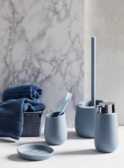 WENKO toilet brush set Mod. Badi, high-quality ceramic bathroom accessory with matte surface, includes toilet brush with Ø 7.5 cm black silicone brush head with non-stick effect, Ø 13.5 x 38 cm, blue-gray.