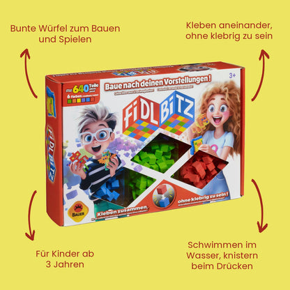 Fidl Bitz - Deluxe Set: Game set with approximately 640 colorful foam cubes for building and constructing, stick without sticking, float in water, blue/green/yellow/orange/purple/red (21102)