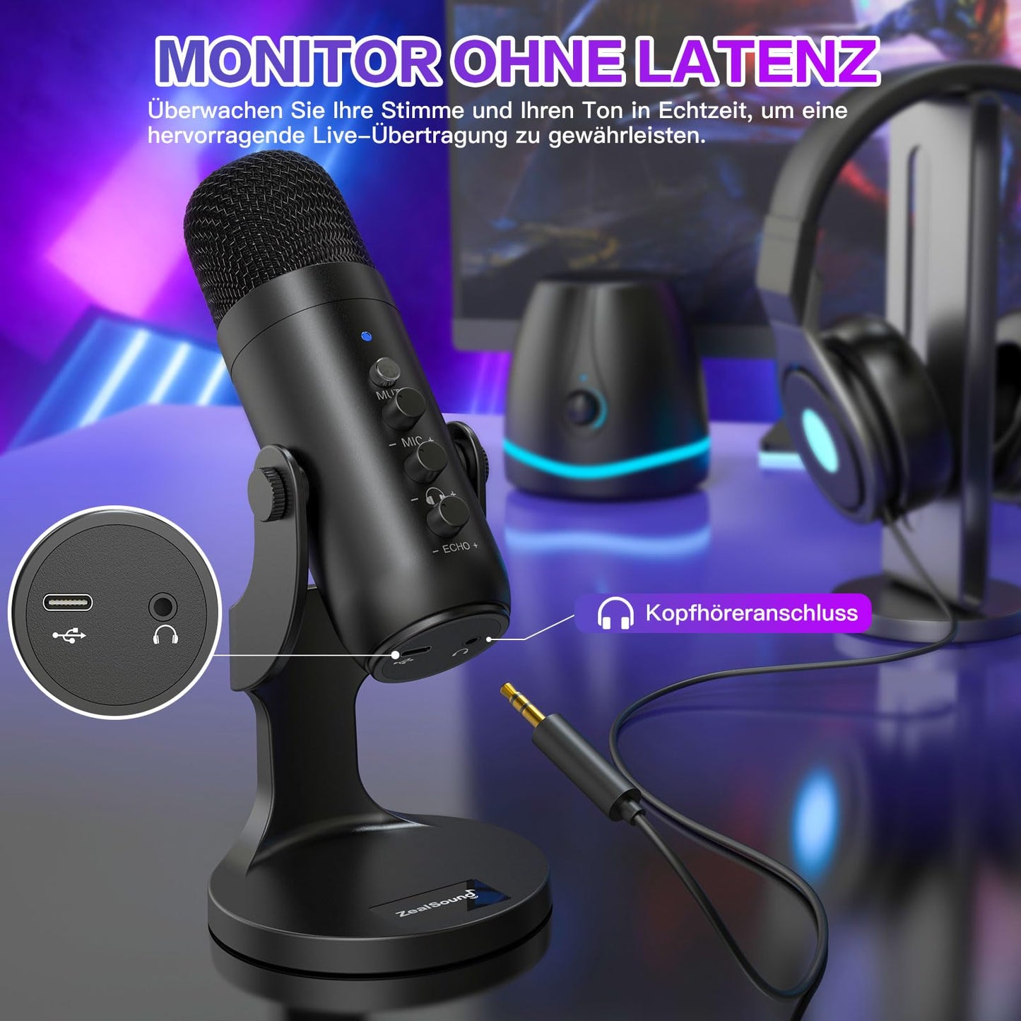 ZealSound USB Microphone, Plug & Play Condenser Mic for PC/iPhone/phone with Noise Cancellation & Mute - for Podcasts, Streamers, Gamers, YouTube, ASMR on Mac Windows PS5 - incl. USB-C & Lightning Adapter