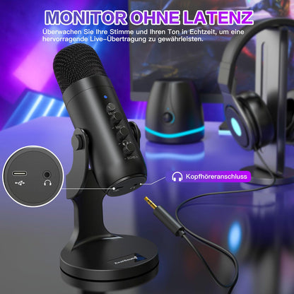 ZealSound USB Microphone, Plug & Play Condenser Mic for PC/iPhone/phone with Noise Cancellation & Mute - for Podcasts, Streamers, Gamers, YouTube, ASMR on Mac Windows PS5 - incl. USB-C & Lightning Adapter