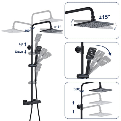 Solepearl Black Shower System with Thermostat 38℃, Rain Shower with Thermostat Shower Mixer, Shower Set including 21 cm Head Shower, 3 Functions Hand Shower, Stainless Steel Adjustable Shower Bar