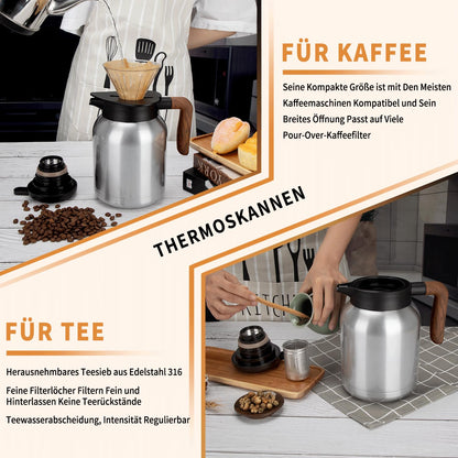 VETIN Thermos Flask with Tea Infuser 1.5L, Double-Walled Insulated Flask made of 304 Stainless Steel, Thermal Tea Pot with Temperature Display, Thermal Coffee Pot keeps hot for 10h/cold for 16h.
