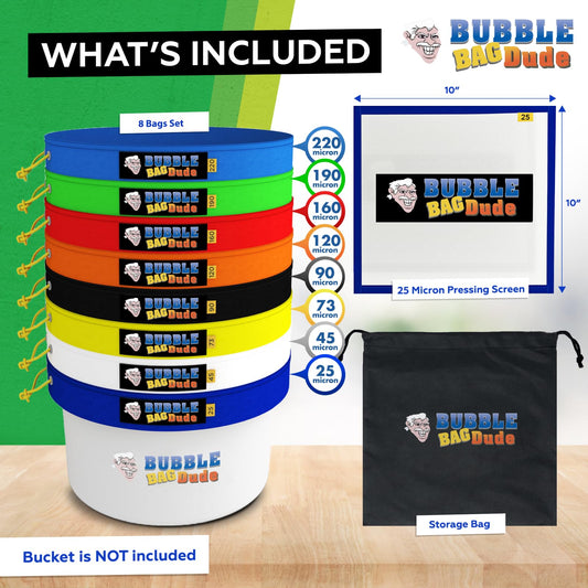 BubbleBagDude Bubble Bags 1 Gallon 8 Bag Set - Herbal Ice Bubble Bag Essence Extraction Kit - Plant and Herbal Extraction Bubble Bags with 10 x 10" Press Screen and Storage Bag