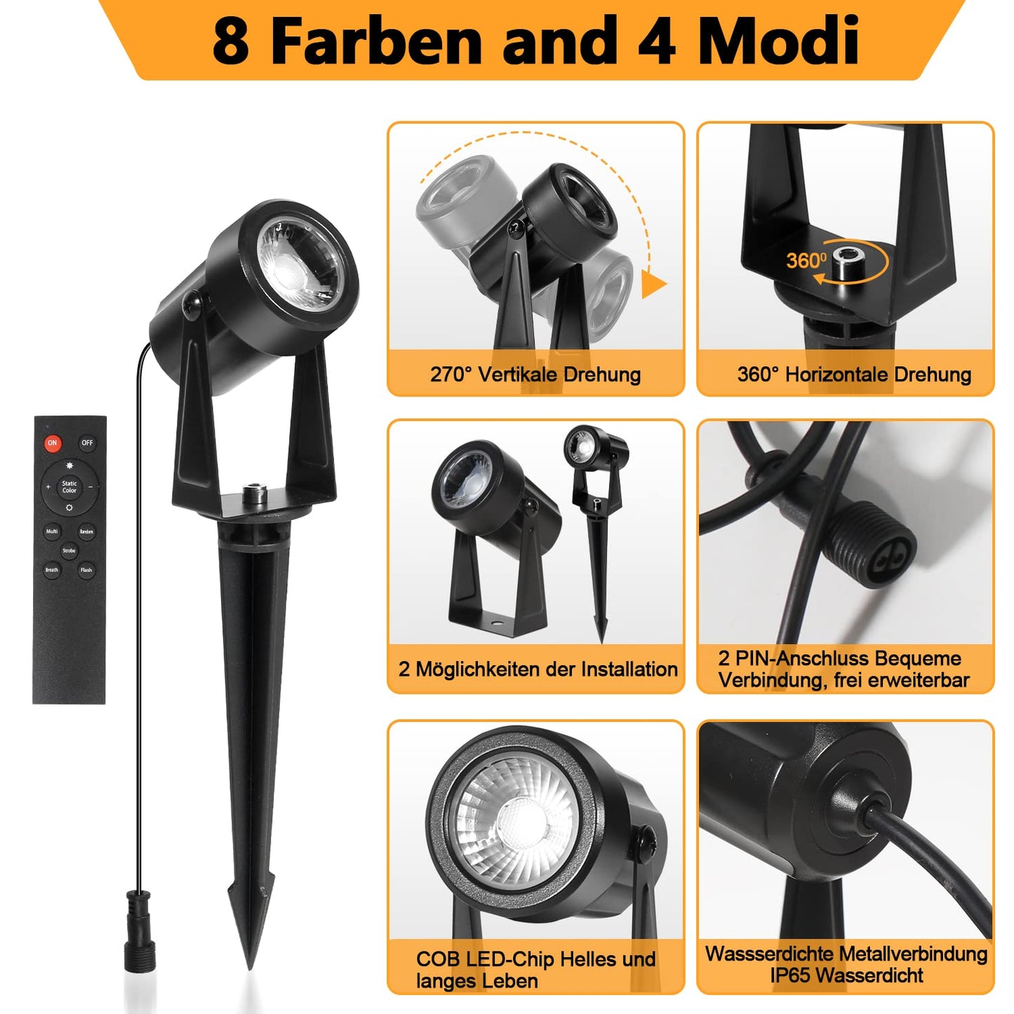 Gimisgu garden lighting LED, 6 in 1 RGB color changing garden lights LED with ground spike, 6-piece set garden lamp pathway lighting with plug and remote control, IP65 waterproof for garden pond.