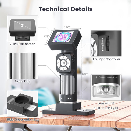 Andonstar AD112 Portable Pocket Microscope Kit for Kids and Adults with 2-inch LCD Screen, Mini Handheld Digital Microscope 500x with 8 adjustable LED lights, Windows PC compatible.