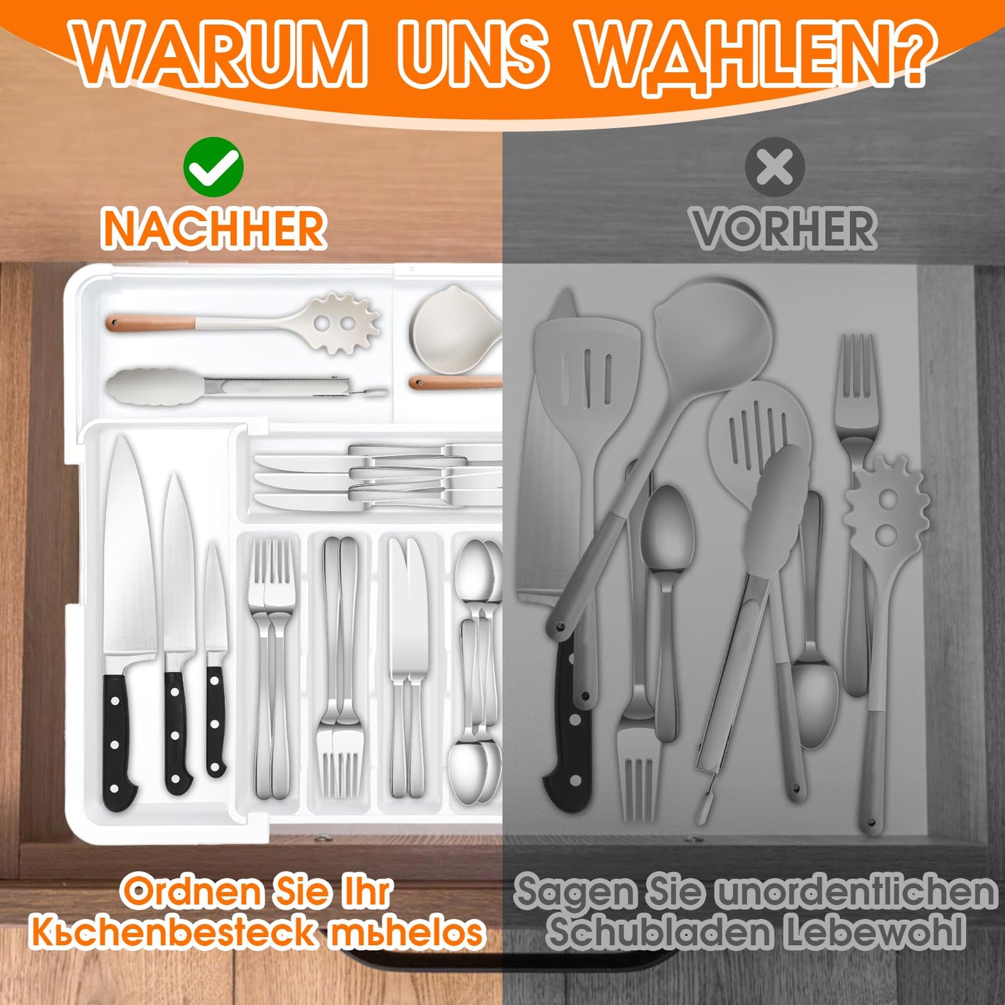 ALAIFU cutlery tray for drawers, expandable large cutlery tray for kitchen, adjustable utensil organizer for drawers, plastic kitchen accessory, divider insert, large (Clear White)