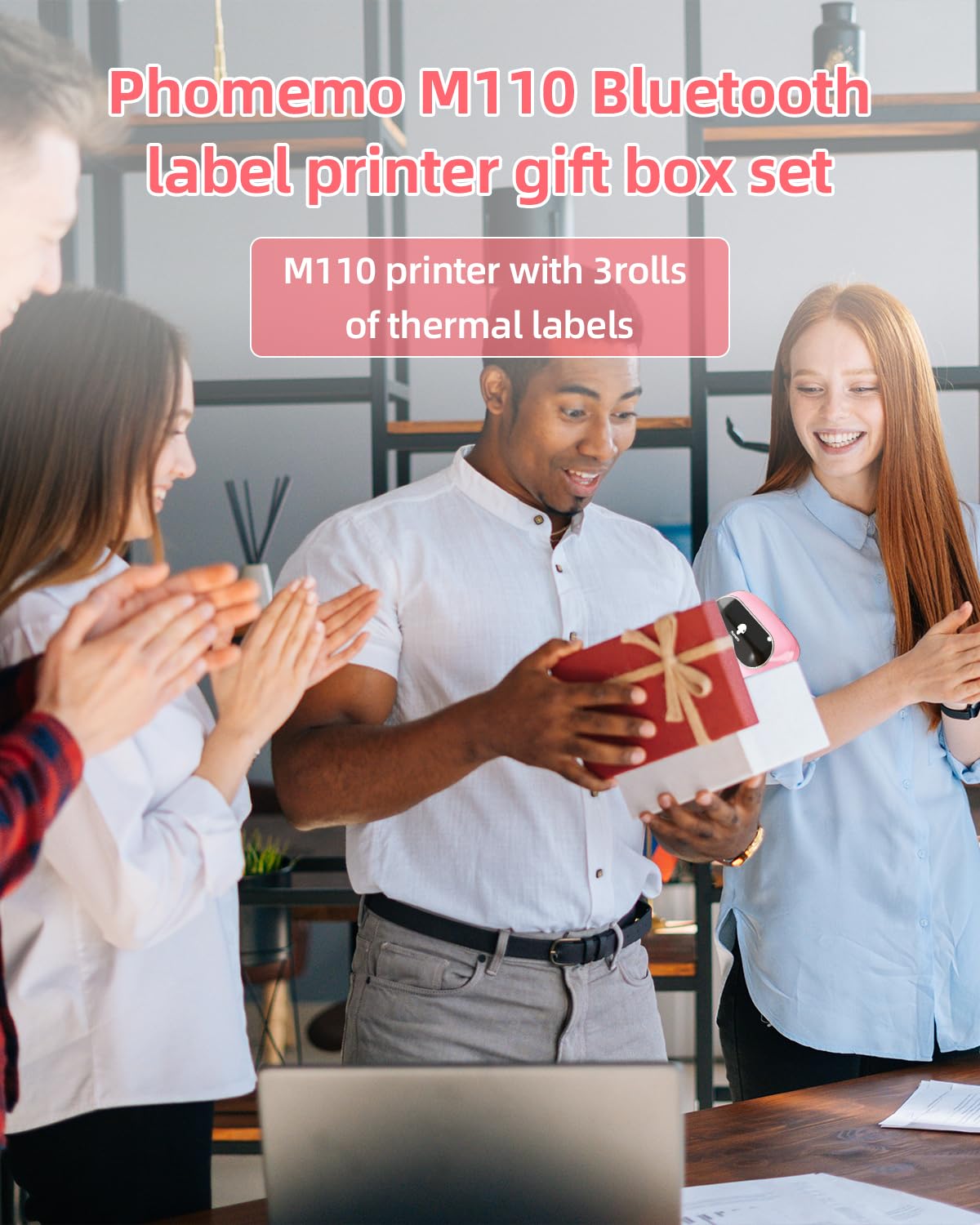 Phomemo M110 Bluetooth label printer, portable label maker with 3 label rolls, barcode printer for retail, office, and small businesses, for phones & PC - Pink.